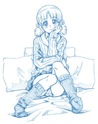 Rule 34 | 10s, 1girl, aki (girls und panzer), bbb (friskuser), blue theme, commentary request, elbow rest, girls und panzer, greyscale, hair ornament, hallway, hand on own cheek, hand on own face, hattifattener, keizoku school uniform, long sleeves, looking at viewer, low twintails, monochrome, moomin, on bed, panties, pantyshot, pillow, pleated skirt, school uniform, sitting, skirt, sleeves past wrists, smile, socks, solo, sweater, twintails, underwear, white background