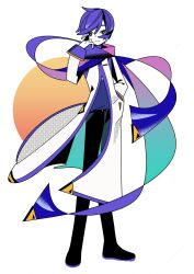 Rule 34 | 1boy, black pants, blue hair, blue scarf, closed mouth, coat, full body, hand in pocket, hand up, highres, kaito (vocaloid), long sleeves, machigami yoh, male focus, pants, scarf, short hair, smile, solo, standing, vocaloid, white background, white coat