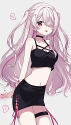 Rule 34 | 1girl, black choker, black shirt, black skirt, choker, commentary, crop top, earrings, hair over one eye, highres, jewelry, long hair, multicolored hair, nijisanji, official alternate costume, pi (ip hxs), pink eyes, pink hair, pink nails, shiina yuika, shiina yuika (10th costume), shirt, skirt, solo, streaked hair, symbol-only commentary, thigh strap, tongue, tongue out, two side up, virtual youtuber
