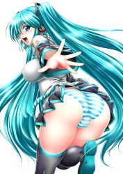 Rule 34 | 1girl, aqua eyes, aqua hair, ass, bad id, bad pixiv id, blue eyes, blush, boots, breasts, covered erect nipples, detached sleeves, from behind, hatsune miku, headphones, headset, highres, kuroi ekaki, large breasts, long hair, looking back, necktie, open mouth, outstretched arm, panties, pantyshot, simple background, skirt, solo, striped clothes, striped panties, thigh boots, thighhighs, twintails, underwear, upskirt, very long hair, vocaloid, white background