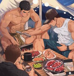 Rule 34 | abs, bara, baseball cap, blush, brown hair, brown shorts, bulge peek, crotch grab, cup, faceless, faceless male, facial hair, feet out of frame, food, hat, highres, lifting another&#039;s clothes, male focus, meat, medium sideburns, muscular, muscular male, navel, nipples, original, picnic, profile, shirt, short hair, short shorts, shorts, shorts lift, sideburns stubble, sitting, stubble, sushi, tank top, tent interior, thick eyebrows, thick thighs, thighs, tight clothes, topless male, white tank top, yaoi, youchi123