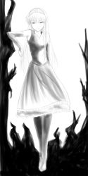Rule 34 | 00s, 1girl, blaue gans, dress, full body, greyscale, highres, hime (kaibutsu oujo), kaibutsu oujo, long sleeves, looking at viewer, monochrome, pantyhose, short hair, solo, standing