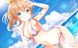Rule 34 | 1girl, artist name, bang dream!, bikini, blue eyes, breasts, brown hair, cleavage, cloud, collarbone, commentary request, dated, day, dutch angle, front-tie bikini top, front-tie top, groin, hair ribbon, halterneck, hand on own forehead, highres, leaning forward, looking at viewer, masa (mirage77), medium breasts, navel, ocean, outdoors, ponytail, ribbon, side-tie bikini bottom, sidelocks, smile, solo, string bikini, swimsuit, wet, yamabuki saya, yellow ribbon