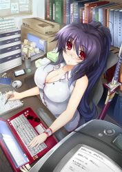 Rule 34 | 1girl, blouse, blush, book, bookshelf, breasts, bulletin board, cabinet, cellphone, cleavage, computer, copyright name, cu-no, desk, envelope, from above, glasses, highres, hisen kaede, indoors, katana, kikyou-0423, kokonoe tamaki, laptop, large breasts, light, looking at viewer, machinery, mouse (computer), nail polish, office, official art, pen, phone, pince-nez, purple hair, red eyes, scabbard, screen, sheath, sheathed, shirt, shishou (cu-no), sleeveless, sleeveless shirt, smartphone, sticky note, sword, table, tissue, tissue box, weapon, white shirt