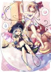 Rule 34 | 2girls, :q, absurdres, adapted costume, ahoge, alternate costume, bad id, bad pixiv id, barefoot, blonde hair, blue eyes, blueberry, camisole, cleavage cutout, clothing cutout, crystal, dessert, eyeball, feet, female focus, flandre scarlet, food, fruit, grapes, green eyes, hair ribbon, hat, heart, highres, holding, ice cream, in food, komeiji koishi, macaron, midriff, mini person, minigirl, multiple girls, navel, one eye closed, open mouth, pudding, red eyes, ribbon, short hair, shorts, side ponytail, sitting, smile, soles, spoken heart, spoken sweatdrop, spoon, strawberry, sweatdrop, tecoyuke, third eye, toes, tongue, tongue out, touhou, wings, wink