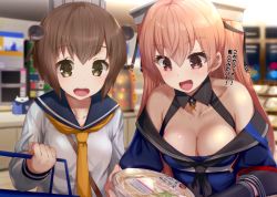 Rule 34 | 2girls, black gloves, blue shirt, blurry, blush, breasts, brown eyes, brown hair, cleavage, depth of field, dress, enemy lifebuoy (kancolle), food, gloves, hair between eyes, hair ornament, headgear, highres, johnston (kancolle), kantai collection, kusaka souji, large breasts, lawson, light brown hair, long hair, multiple girls, off shoulder, open mouth, sailor collar, sailor dress, school uniform, serafuku, shirt, short hair, small breasts, translation request, twintails, two side up, united states medal of honor, yellow neckwear, yukikaze (kancolle)