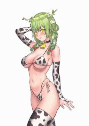 Rule 34 | 1girl, absurdres, animal print, antlers, arm up, armpit crease, bad proportions, bell, bikini, black choker, blush, braid, breasts, ceres fauna, choker, cow print, cow print bikini, cowbell, elbow gloves, flower, gloves, green hair, hair flower, hair ornament, highres, hololive, hololive english, horns, large breasts, looking at viewer, mikexyil, mole, mole under eye, navel, parted lips, print bikini, simple background, skindentation, solo, stomach, strap gap, swimsuit, thighhighs, twin braids, virtual youtuber, white background, yellow eyes