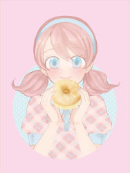 Rule 34 | 1girl, blue eyes, blush, doughnut, food, jojon, looking at viewer, mister donut, personification, pink background, pink hair, simple background, smile, solo, sugar glazed, twintails, upper body
