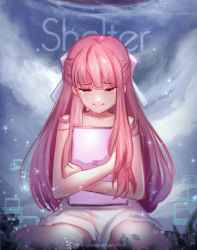 Rule 34 | 1girl, :d, bow, closed eyes, closed mouth, cloud, copyright name, crying, english text, eyebrows, hair bow, half updo, highres, jurrig, long hair, hugging object, open mouth, outdoors, pink hair, rin (shelter), shelter (song), sitting, sky, smile, solo, very long hair, wariza, watermark, web address, white bow