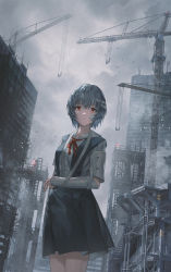 Rule 34 | 1girl, absurdres, arm sling, ayanami rei, bandage on face, bandaged head, bandages, bird, blouse, blue dress, blue hair, breasts, building, cast, cityscape, closed mouth, cloud, cloudy sky, cowboy shot, crane (machine), dress, dress shirt, expressionless, fog, hair between eyes, highres, homutan (syjg2733), injury, looking at viewer, medium breasts, neck ribbon, neon genesis evangelion, outdoors, pinafore dress, red eyes, red ribbon, ribbon, school uniform, shirt, short hair, short sleeves, sky, sleeveless, sleeveless dress, solo, stairs, standing, tokyo-3 middle school uniform, tower, white shirt, wind