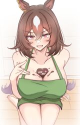 Rule 34 | 1girl, absurdres, alternate costume, animal ears, apron, bare shoulders, barefoot, between breasts, blush, breasts, brown hair, candy, chocolate, chocolate heart, chocolate on body, chocolate on breasts, collarbone, commentary request, feet, food, food on body, green apron, hair between eyes, hand on own chest, heart, highres, himuraanzu, horse ears, horse girl, horse tail, large breasts, long hair, looking at viewer, multicolored hair, naked apron, on floor, open mouth, red eyes, sirius symboli (umamusume), solo, streaked hair, tail, textless version, umamusume, v-shaped eyebrows, valentine, white hair, wooden floor