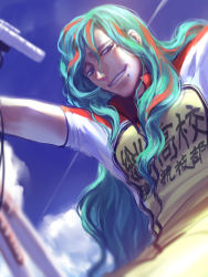 Rule 34 | 1boy, blue sky, cloud, day, green hair, hangleing, long hair, looking at viewer, looking down, makishima yuusuke, male focus, mole, mole under mouth, multicolored hair, red hair, short sleeves, sky, smile, solo, two-tone hair, yowamushi pedal