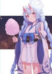 Rule 34 | 1girl, absurdres, blue archive, blue bow, blue hair, blurry, bokeh, bow, braid, chise (blue archive), cotton candy, cowboy shot, depth of field, detached sleeves, flower, food, gyubu, hair flower, hair ornament, halo, highres, holding, holding food, horns, japanese clothes, kimono, letterboxed, long braid, long hair, looking at viewer, oni horns, outside border, red eyes, red horns, sidelocks, simple background, sleeveless, sleeveless kimono, smile, solo, tassel, twin braids, very long hair, white kimono, wide sleeves