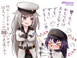 Rule 34 | 3girls, akatsuki (kancolle), belt, black skirt, blush, comic, commentary request, dated, dress, gangut (kancolle), grey hair, hat, hibiki (kancolle), ichininmae no lady, jacket, kantai collection, long hair, looking at another, military, military hat, military jacket, military uniform, miniskirt, mitchell (dynxcb25), multiple girls, naval uniform, open mouth, peaked cap, purple hair, red eyes, red shirt, sailor collar, sailor dress, sailor hat, school uniform, serafuku, shirt, skirt, translation request, uniform, verniy (kancolle), very long hair