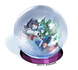 Rule 34 | chibi, commentary, dated, decepticon, highres, kamizono (spookyhouse), log, no humans, non-humanoid robot, open hand, robot, snow globe, starscream, surprised, thrusters, transformers, white background