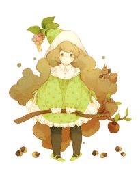 Rule 34 | 1girl, acorn, apple, big hair, brown hair, dress, food, frilled dress, frills, fruit, grapes, green eyes, image sample, leaf, long hair, original, pantyhose, pixiv sample, shui pi, solo, squirrel, staff, striped clothes, striped pantyhose, the 10th step, witch