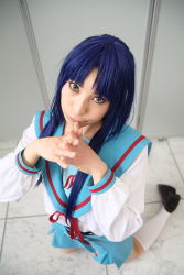 Rule 34 | ari (model), asakura ryouko, blue hair, cosplay, highres, kneehighs, knife, photo (medium), sailor, school uniform, serafuku, socks, suzumiya haruhi no yuuutsu