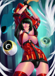 Rule 34 | 1girl, absurdres, arms up, black hair, black panties, blue eyes, bob cut, breasts, bustier, covered erect nipples, detached sleeves, electric guitar, fingerless gloves, gloves, guilty gear, guilty gear xx, guitar, hat, highres, i-no, instrument, large breasts, lips, lipstick, makeup, mole, panties, pantyshot, red hat, red thighhighs, short hair, solo, speaker, standing, thighhighs, topsu, underboob, underwear, witch hat