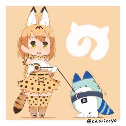 Rule 34 | 0 0, 10s, 1girl, :d, animal ears, artist name, bad id, bad pixiv id, blonde hair, bow, bowtie, capriccyo, chibi, elbow gloves, full body, gloves, hair between eyes, high-waist skirt, holding, japari symbol, kemono friends, leash, lucky beast (kemono friends), motion lines, open mouth, orange background, serval (kemono friends), serval print, serval tail, shadow, shirt, shoes, skirt, sleeveless, sleeveless shirt, smile, standing, striped tail, tail, thighhighs, tight clothes, twitter username, white shirt, yellow eyes, zettai ryouiki
