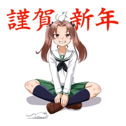 Rule 34 | 1girl, animal, animal on head, beni (bluebluesky), black bow, bow, brown eyes, brown hair, chinese zodiac, commentary, full body, girls und panzer, grin, hair bow, happy new year, highres, indian style, kadotani anzu, long hair, looking at viewer, mouse (animal), new year, on head, parted bangs, simple background, sitting, smile, solo, text background, translated, twintails, v arms, white background, year of the rat