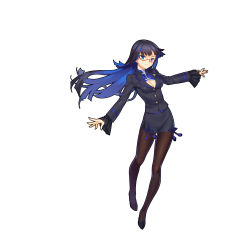 Rule 34 | 1girl, absurdres, aqua eyes, black footwear, black shirt, blue hair, blunt bangs, breasts, brown pantyhose, buttons, cleavage cutout, closed mouth, clothing cutout, full body, glasses, highres, long hair, long sleeves, medium breasts, miniskirt, nie xiaoqian, official art, outstretched arms, pantyhose, pencil skirt, red-framed eyewear, sangai senki, semi-rimless eyewear, shirt, shoes, simple background, skirt, smile, solo, spread arms, under-rim eyewear, white background, yangsion