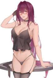 Rule 34 | 1girl, bad id, bad pixiv id, bare shoulders, belt collar, black gloves, black nightgown, black panties, black thighhighs, blush, breasts, cleavage, collar, collarbone, cross, cross earrings, earrings, fate/grand order, fate (series), fingernails, garter belt, garter straps, glasses, gloves, hand on head, hand on table, highres, jewelry, long hair, looking at viewer, medium breasts, nail polish, navel, nightgown, panties, purple hair, red eyes, rifu (643763873), scathach (fate), single glove, solo, standing, table, thighhighs, thighs, underwear, white background