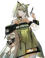 Rule 34 | 1girl, animal ears, arknights, bare shoulders, blunt bangs, breasts, cat ears, cat girl, closed mouth, commentary, cowboy shot, dress, green dress, green eyes, halterneck, hand in pocket, hand up, highres, holding, holding syringe, kal&#039;tsit (arknights), material growth, milluun, off-shoulder dress, off shoulder, oripathy lesion (arknights), short dress, short hair, silver hair, simple background, small breasts, solo, standing, syringe, white background