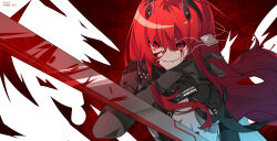 Rule 34 | 1girl, absurdres, black bodysuit, blood, blood on face, bloody tears, bloody weapon, bodysuit, eyepatch, headgear, highres, holding, holding sword, holding weapon, long hair, mechanical arms, parted lips, punishing: gray raven, red eyes, red hair, sidelocks, sword, tipang (gurimulguryo), unworn eyepatch, vera: rozen (punishing: gray raven), vera (punishing: gray raven), weapon, white bodysuit
