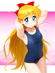 Rule 34 | 1girl, aino minako, arms behind head, bishoujo senshi sailor moon, blonde hair, blue eyes, blue one-piece swimsuit, bow, bowtie, breasts, cowboy shot, hair bow, half updo, highres, looking at viewer, neopure, old school swimsuit, one-piece swimsuit, red bow, red bowtie, school swimsuit, small breasts, smile, solo, swimsuit, thigh gap