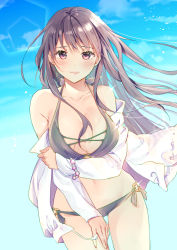 Rule 34 | 1girl, bikini, black hair, blue sky, blush, bracelet, breasts, cleavage, cocoa (cafe-hotcocoa), day, dutch angle, highres, jacket, jewelry, large breasts, long hair, looking at viewer, off shoulder, open clothes, open jacket, original, outdoors, red eyes, sky, smile, solo, swimsuit, wind