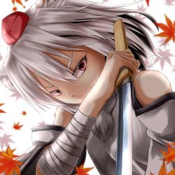 Rule 34 | 1girl, animal ear fluff, animal ears, arm up, autumn leaves, bandaged arm, bandages, blurry, blurry background, commentary request, covering own mouth, detached sleeves, hair between eyes, hat, holding, holding sword, holding weapon, inubashiri momiji, leaf, leaf background, looking at viewer, maple leaf, nogiguchi, red eyes, red hat, reverse grip, short hair, silver hair, simple background, solo, sword, thick eyebrows, tokin hat, touhou, upper body, weapon, white background, wolf ears