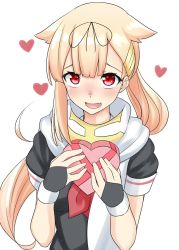 Rule 34 | 1girl, alternate hairstyle, black ribbon, black serafuku, blonde hair, commentary request, fang, hair flaps, hair ornament, hair ribbon, hairclip, heart, highres, kantai collection, long hair, neckerchief, open mouth, red eyes, red neckerchief, ribbon, rikkii (likito yuzu is), scarf, school uniform, serafuku, simple background, solo, translation request, upper body, white background, white scarf, yuudachi (kancolle), yuudachi kai ni (kancolle)