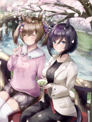 2girls absurdres animal_ears black_dress black_hair blue_eyes blush bob_cut bow breasts brown_coat brown_hair casual cherry_blossoms closed_eyes clothes_writing coat cup dango dress ear_scrunchie eishin_flash_(umamusume) food from_side grey_skirt hair_between_eyes hair_bow highres holding holding_cup holding_food horse_ears horse_girl horse_tail large_breasts looking_at_viewer looking_to_the_side multiple_girls multiple_hair_bows petals petals_on_liquid pink_bow pink_sweater plaid_clothes plaid_skirt ponimeri purple_bow sanshoku_dango scrunchie short_hair sitting skirt smart_falcon_(umamusume) smile sweater swept_bangs tail tea thighhighs twintails umamusume wagashi white_scrunchie white_thighhighs yellow_bow