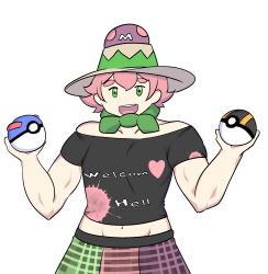Rule 34 | 1boy, alternate costume, bare shoulders, black shirt, bow, bowtie, clothes writing, collarbone, creatures (company), crossdressing, english text, freckles, game freak, great ball, green bow, green bowtie, green eyes, groin, gym leader, hands up, happy, hat, heart, highres, holding, looking at viewer, male focus, master ball, midriff, milo (pokemon), multicolored clothes, multicolored skirt, muscular, navel, nintendo, off shoulder, open mouth, pink hair, poke ball, pokemon, pokemon swsh, ryuusui arumo, shirt, short hair, short sleeves, sidelocks, simple background, skirt, smile, solo, standing, teeth, ultra ball, upper body, white background