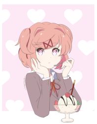 Rule 34 | 1girl, :t, blazer, blue skirt, bright pupils, chocomiru, closed mouth, collared shirt, commentary, doki doki literature club, english commentary, food, frown, hair intakes, hair ornament, hair ribbon, hands on own hips, ice cream, jacket, looking at viewer, natsuki (doki doki literature club), neck ribbon, pink eyes, pink hair, pout, ribbon, school uniform, shirt, short hair, skirt, solo, sundae, sweater vest, two side up