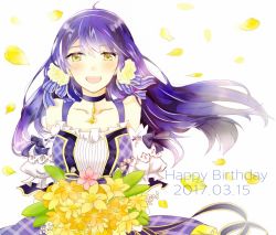 Rule 34 | 1girl, artist request, bare shoulders, birthday, blue hair, blush, bouquet, character name, choker, commentary request, dated, floating hair, flower, frills, hair between eyes, hair flower, hair ornament, happy birthday, holding, holding bouquet, long hair, looking at viewer, love live!, love live! school idol festival, love live! school idol project, open mouth, petals, plaid, simple background, smile, solo, sonoda umi, striped, upper body, wind, yellow eyes