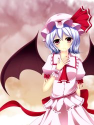Rule 34 | 1girl, ascot, bat wings, blouse, blue hair, blush, bow, buttons, collared shirt, cowboy shot, dress, fingernails, frilled dress, frilled shirt, frills, hand on own chest, hat, hat bow, head tilt, highres, junior27016, large bow, mob cap, multicolored background, pink dress, pink shirt, puffy sleeves, red eyes, remilia scarlet, ribbon, shirt, short sleeves, skirt, skirt set, smile, solo, standing, touhou, wings, wrist cuffs, wristband
