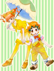 Rule 34 | 1boy, 1girl, :d, bad id, bad pixiv id, child, dokidoki! precure, double bun, holding hands, leaning forward, open mouth, orange eyes, orange hair, overalls, pantyhose, parasol, peach765, personification, precure, rance (dokidoki! precure), rance (dokidoki! precure) (human), short hair, smile, striped, striped background, umbrella, vertical stripes, yotsuba alice