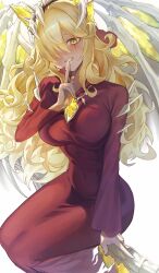 1girl blonde_hair breasts broom broom_riding curly_hair dress duel_monster enmo_takeshita finger_to_mouth hair_over_one_eye highres large_breasts light_blush long_hair mementotlan_angwitch red_dress shushing skeletal_wings solo wings yellow_eyes yu-gi-oh!