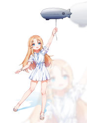 Rule 34 | 1girl, :d, aircraft, arm up, blonde hair, blue eyes, blush, brown footwear, dirigible, dress, hair ornament, hairclip, highres, holding, long hair, open mouth, parted bangs, pleated dress, puffy short sleeves, puffy sleeves, round teeth, sandals, saratoga (warship girls r), short dress, short sleeves, smile, solo, standing, standing on one leg, teeth, upper teeth only, very long hair, warship girls r, white background, white dress, ze (wzfnn001), zoom layer
