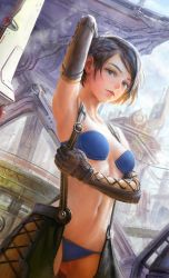 Rule 34 | 1girl, arm up, armor, armpits, bikini, bikini armor, black hair, blue bikini, braid, breasts, brown eyes, city, cloud, cowboy shot, day, dutch angle, elbow gloves, eyebrows, french braid, gloves, highres, image sample, lips, looking at viewer, nababa, navel, open clothes, original, outdoors, perspective, realistic, short hair, sky, small breasts, solo, standing, sunlight, suspenders, swimsuit