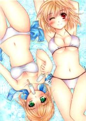 Rule 34 | 00s, 2girls, acrylic paint (medium), arcueid brunestud, armpits, arms up, artoria pendragon (all), artoria pendragon (fate), bandeau, bare shoulders, bikini, blonde hair, blush, breasts, cleavage, collarbone, fate/stay night, fate (series), food, green eyes, marker (medium), medium breasts, mouth hold, multiple girls, navel, official alternate costume, one eye closed, painting (medium), pastel (medium), popsicle, red eyes, saber (fate), shinonome86, short hair, side-tie bikini bottom, smile, swimsuit, thigh gap, thighs, traditional media, tsukihime, underboob, upside-down, wink
