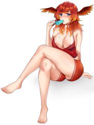 Rule 34 | 1girl, absurdres, areola slip, artist request, blush, breasts, freckles, gradient hair, green eyes, head wings, highres, looking at viewer, multicolored hair, nova (white nova), orange hair, shorts, solo, thighs, white background, wings