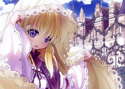 Rule 34 | 1girl, 54hao, arm up, blonde hair, blue eyes, blue sky, blush, capelet, cloud, cloudy sky, commentary request, day, dress, fence, frilled dress, frills, green ribbon, hair between eyes, hair ribbon, holding, long sleeves, mansion, original, outdoors, parted lips, purple capelet, purple ribbon, ribbon, sky, solo, tareme, veil, white dress, wide sleeves
