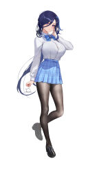 Rule 34 | 1girl, absurdres, alternate costume, black footwear, black pantyhose, blue bow, blue bowtie, blue hair, blue skirt, bow, bowtie, breasts, clorinde (genshin impact), closed mouth, collared shirt, commentary, dark blue hair, full body, genshin impact, hair between eyes, hand up, highres, loafers, long hair, long sleeves, looking at viewer, low ponytail, pantyhose, plaid, plaid skirt, purple eyes, school uniform, shirt, shoes, simple background, skirt, solo, standing, standing on one leg, twitter username, white background, white shirt, zero pi