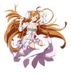 Rule 34 | artist request, asuna (sao), bed, bed sheet, brown eyes, brown hair, highres, long hair, looking at viewer, lying, on back, sword art online, sword art online: alicization, thighhighs, white background, white legwear