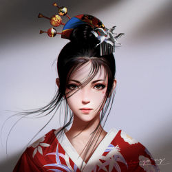Rule 34 | 1girl, black hair, brown eyes, close-up, closed mouth, facial mark, hair ornament, japanese clothes, kimono, liang xing, lips, looking at viewer, original, realistic, short hair, signature, simple background, solo, star (symbol), wind