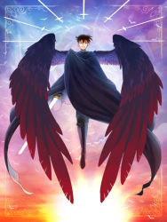 Rule 34 | 1boy, black cape, black feathers, black footwear, black pants, blue eyes, boots, brown hair, cape, feathered wings, feathers, framed, full body, grin, holding, holding sword, holding weapon, knee boots, kudou shin&#039;ichi, looking at viewer, male focus, meitantei conan, multicolored wings, pants, red feathers, remsor076, short hair, smile, solo, sword, weapon, wings