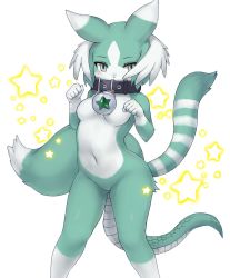 Rule 34 | 10s, 1girl, animal ears, bauble, blue eyes, blush, breasts, collar, fox tail, furry, furry female, green eyes, hands up, highres, kemono friends, kumama, legs apart, looking at viewer, medium breasts, navel, no humans, no nipples, no pussy, paw pose, pure beast (kemono friends), simple background, solo, standing, star (symbol), tail, three tails, white background