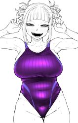 Rule 34 | 1girl, absurdres, armpits, bags under eyes, blunt bangs, blush, boku no hero academia, breasts, claw pose, collarbone, competition swimsuit, covered navel, cowboy shot, double bun, fangs, greyscale, hair bun, highres, kaiman garupan, large breasts, looking at viewer, monochrome, one-piece swimsuit, open mouth, partially colored, purple one-piece swimsuit, sidelocks, smile, solo, spot color, stomach, sweat, swimsuit, teeth, toga himiko